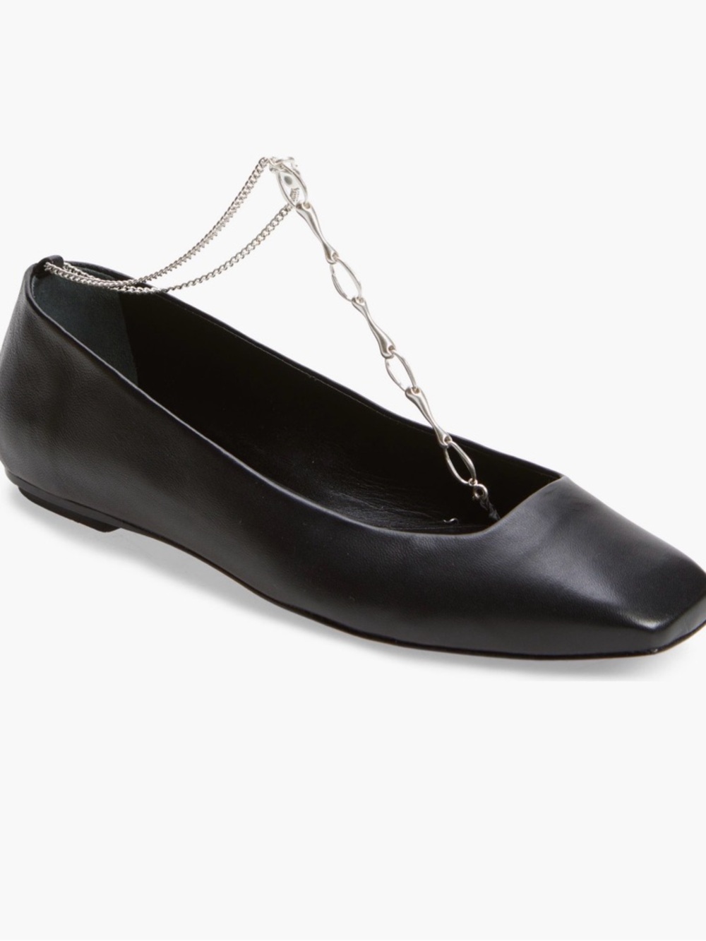 cult gaia Black Leather Pointed Ballet Flat with Silver Chain